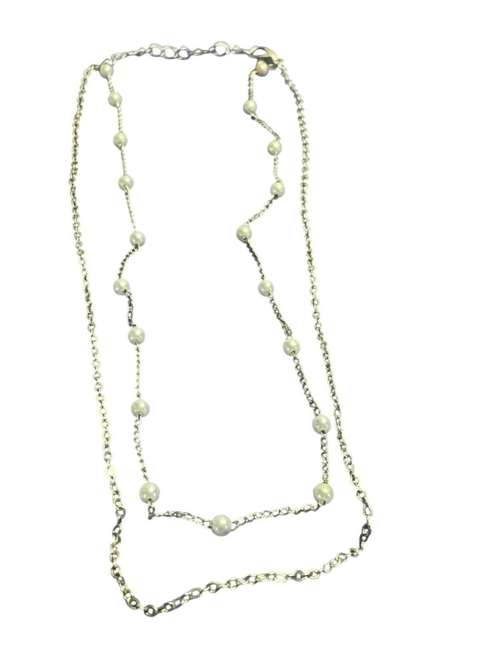 2 Strand Dainty Silvertone Chain Necklace Faux Pearl Station Beads Lobster Clasp